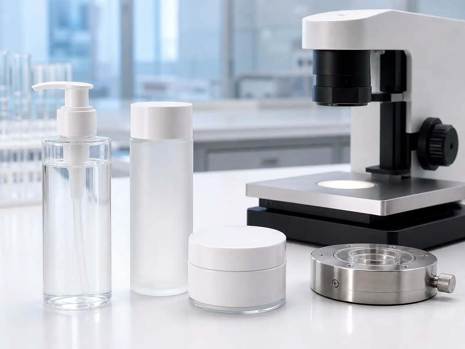 Cosmetic bottles and jars beside an optical inspection instrument on a quality workbench