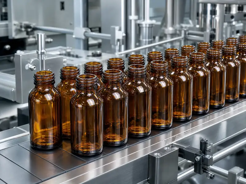 Rows of amber glass bottles moving through an automated production line