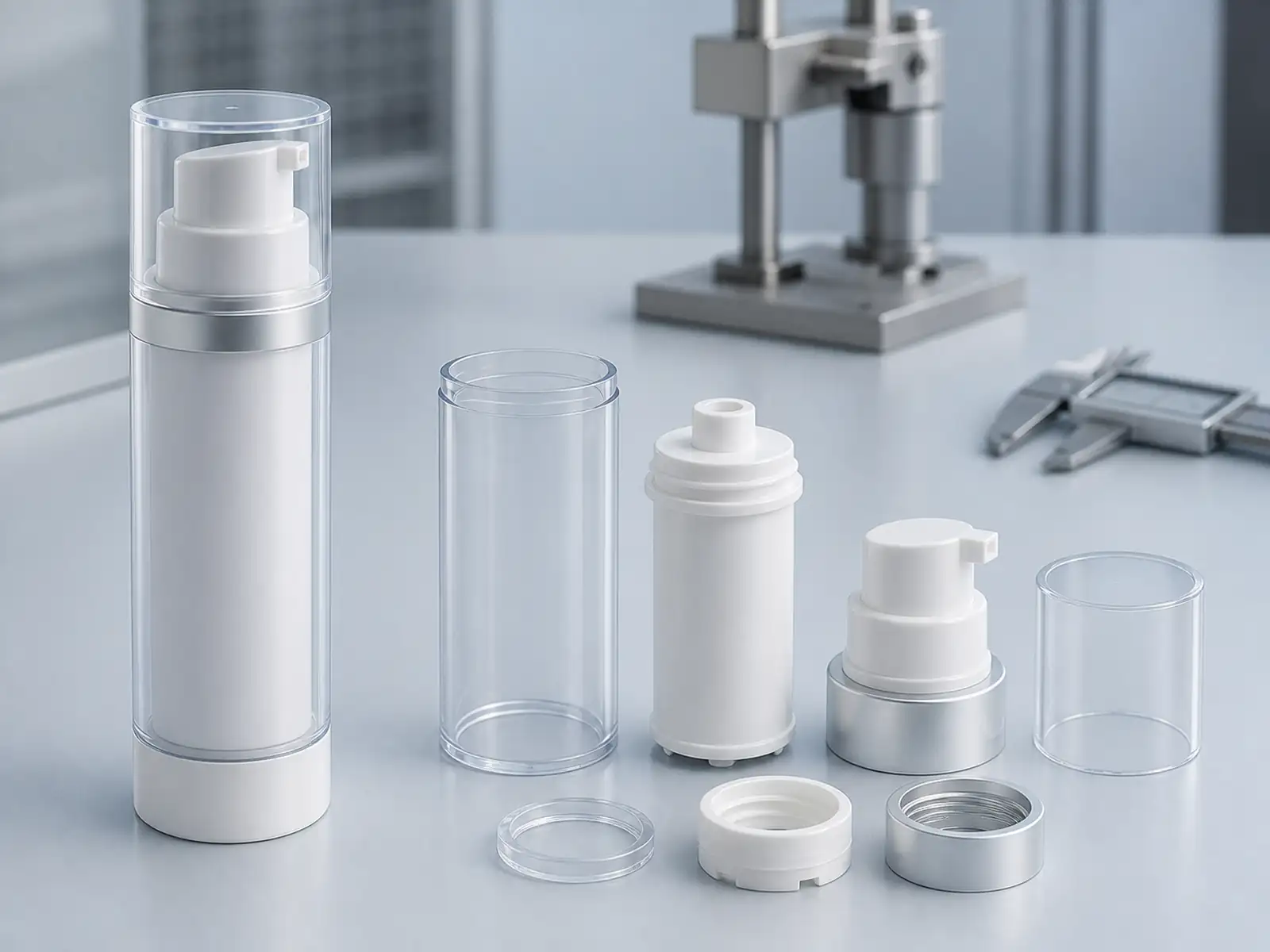 Unbranded airless cosmetic bottle and separated components arranged for validation planning