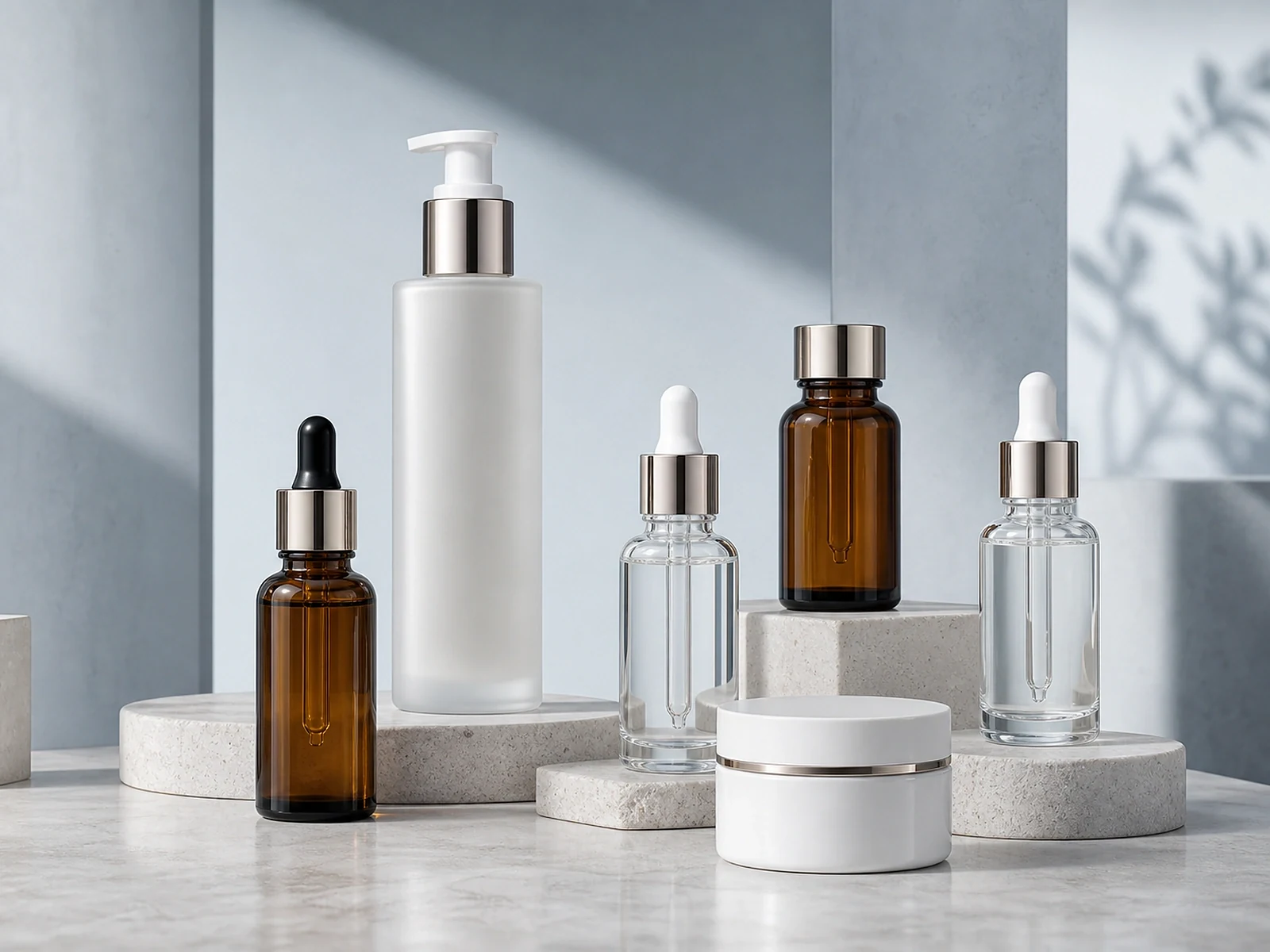 Unbranded cosmetic pump and dropper packages arranged for dispensing-component review