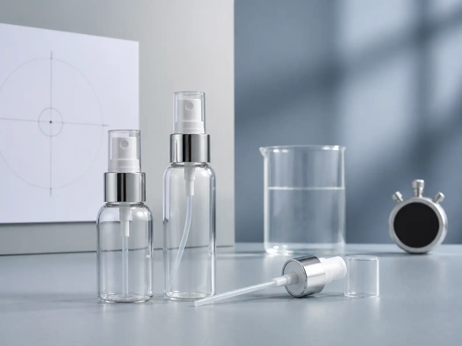 Unbranded fine-mist bottles and sprayer components arranged with a neutral target for test planning